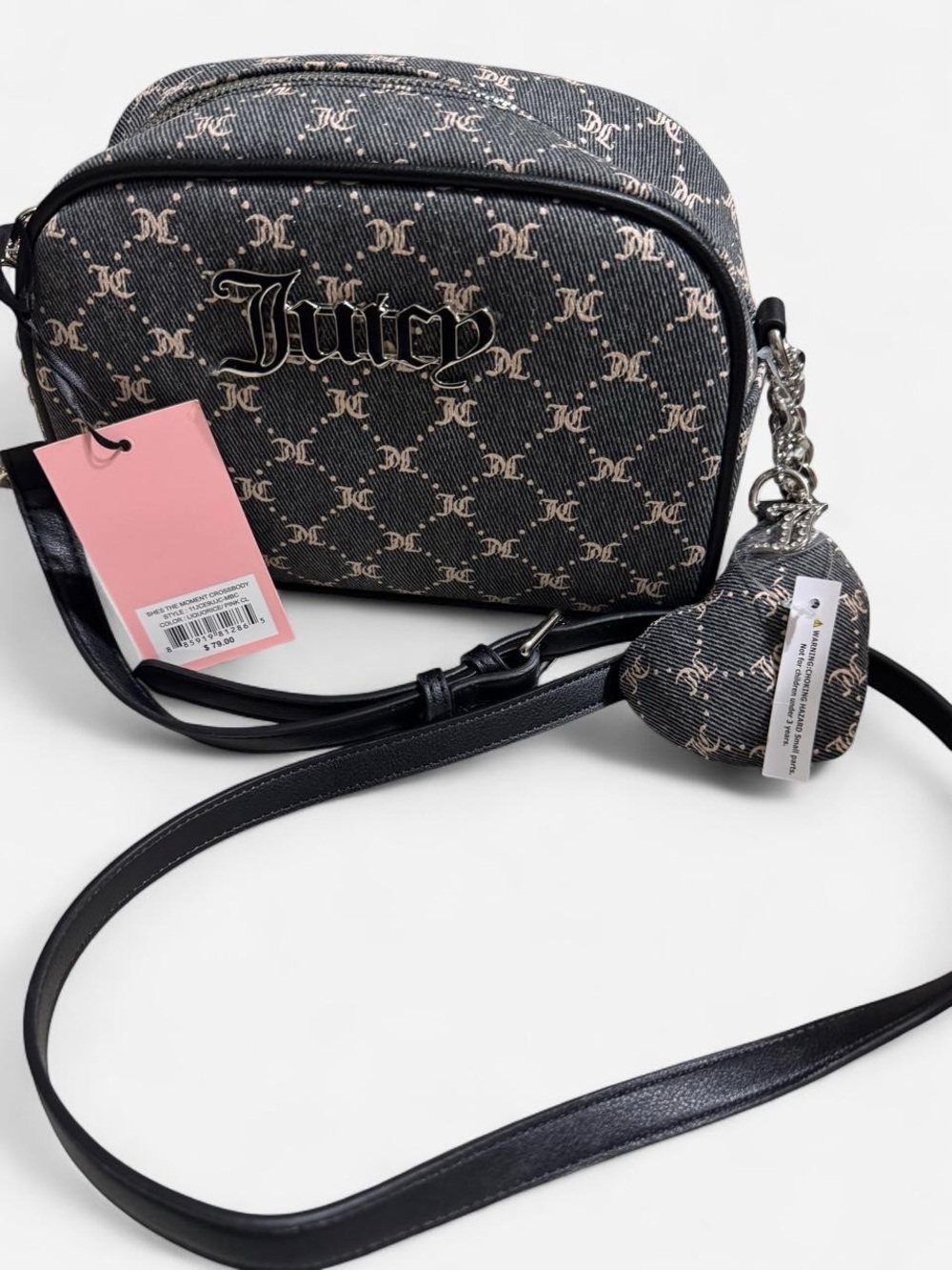 Juicy Couture Dark Gray Monogram Crossbody Bag with Heart Charm